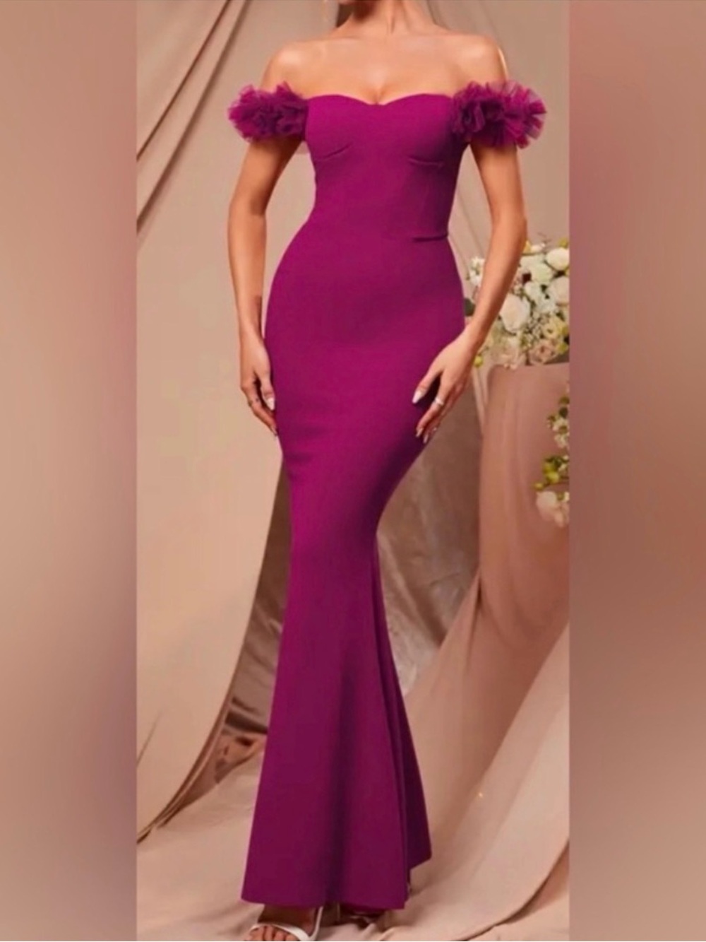 Off-Shoulder Plum Evening Gown